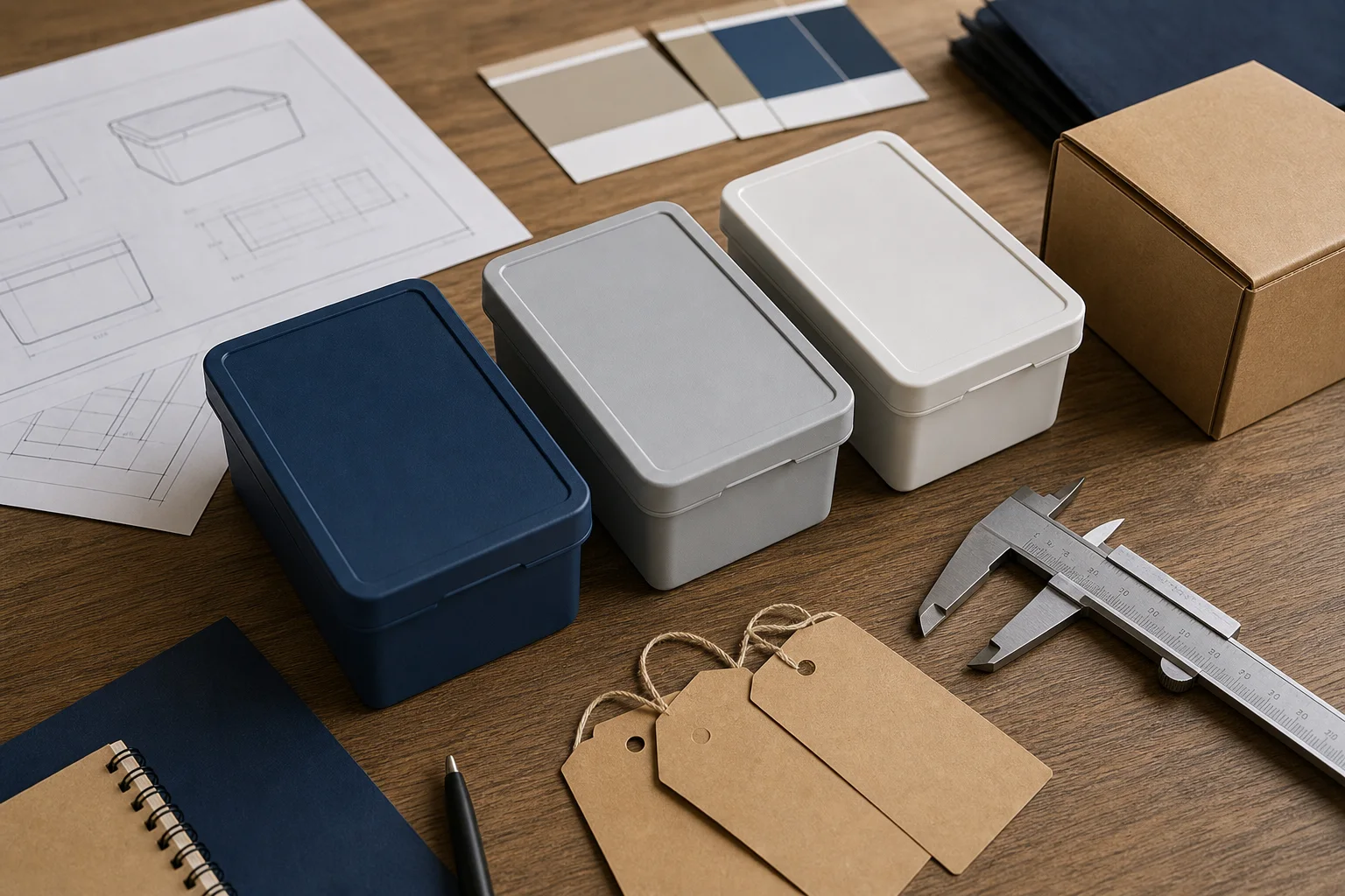 Illustration of supplier samples, a caliper and specification sheets on a sourcing workbench