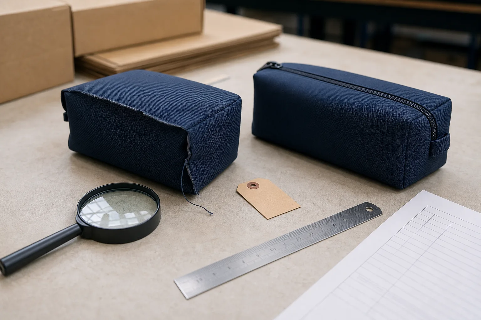 Fabric pouches with contrasting seam condition on a quality inspection table