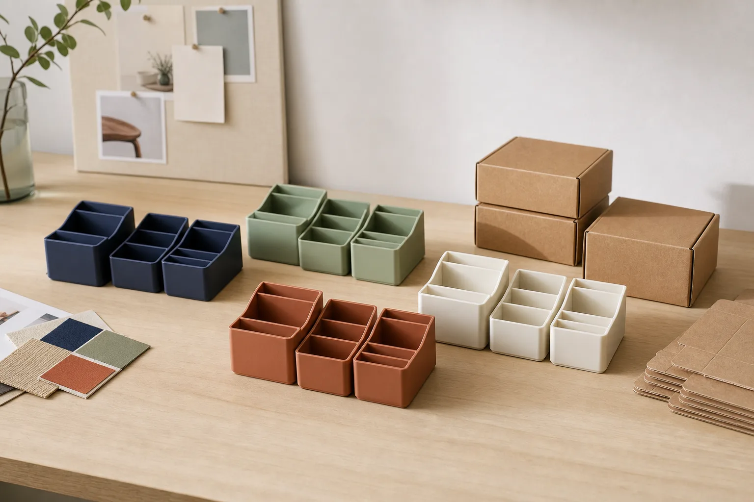 Desk organizers in four colors beside plain boxes and flat packaging blanks