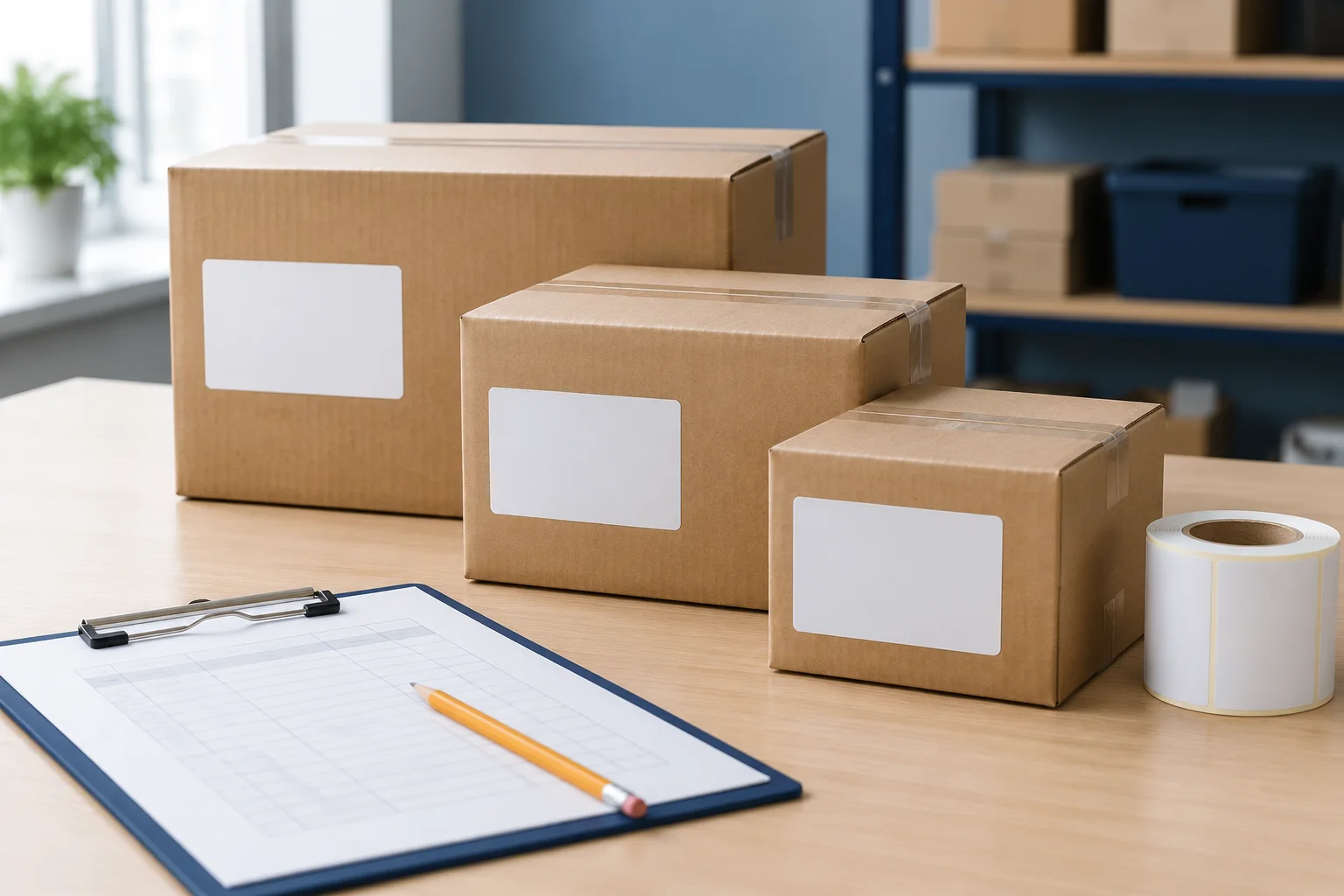 Shipping cartons with blank labels beside a packing-list clipboard and label roll