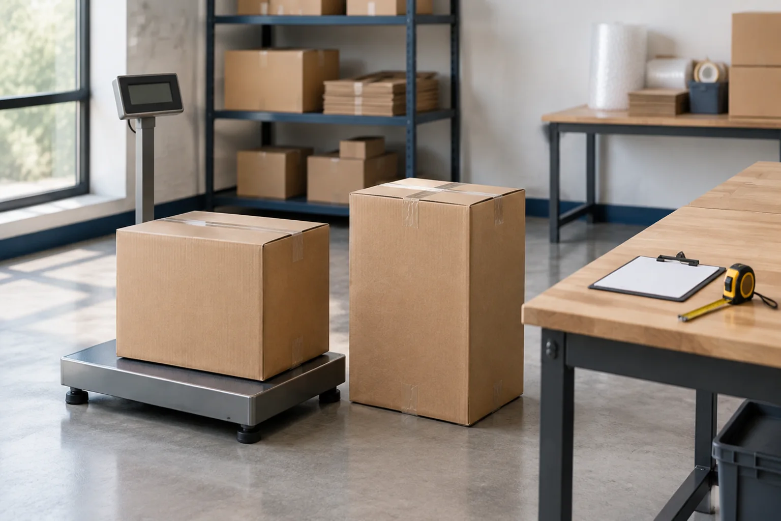 Packed shipping cartons beside a platform scale, measuring tape and clipboard