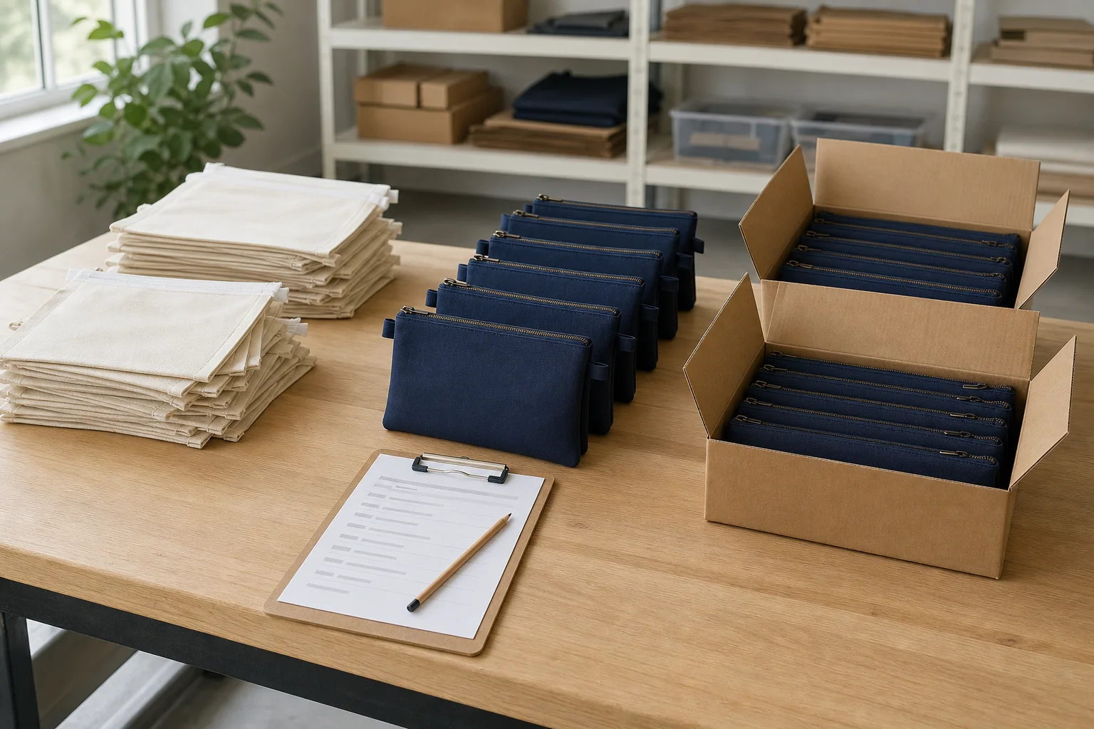 Fabric pouches at different stages of production and packing on a workbench
