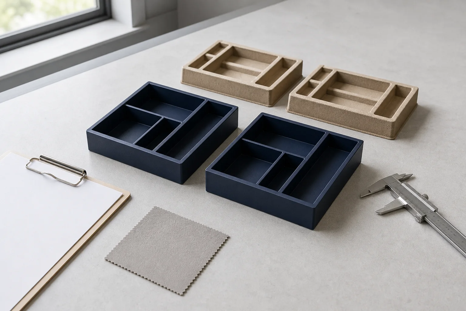 Two desktop organizers beside packaging inserts, a caliper and a reference swatch