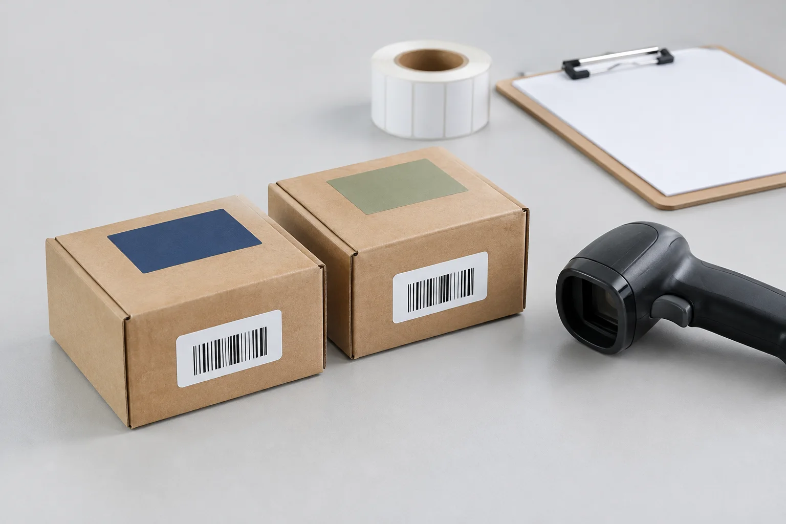 Barcode labels on kraft product boxes beside a handheld scanner and a roll of labels