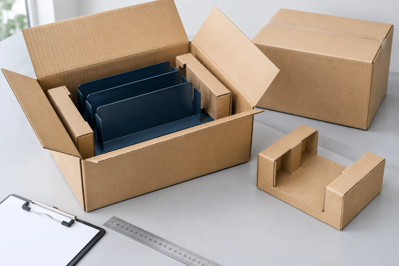 Open shipping carton with cardboard supports around a metal desktop rack, beside a ruler and clipboard
