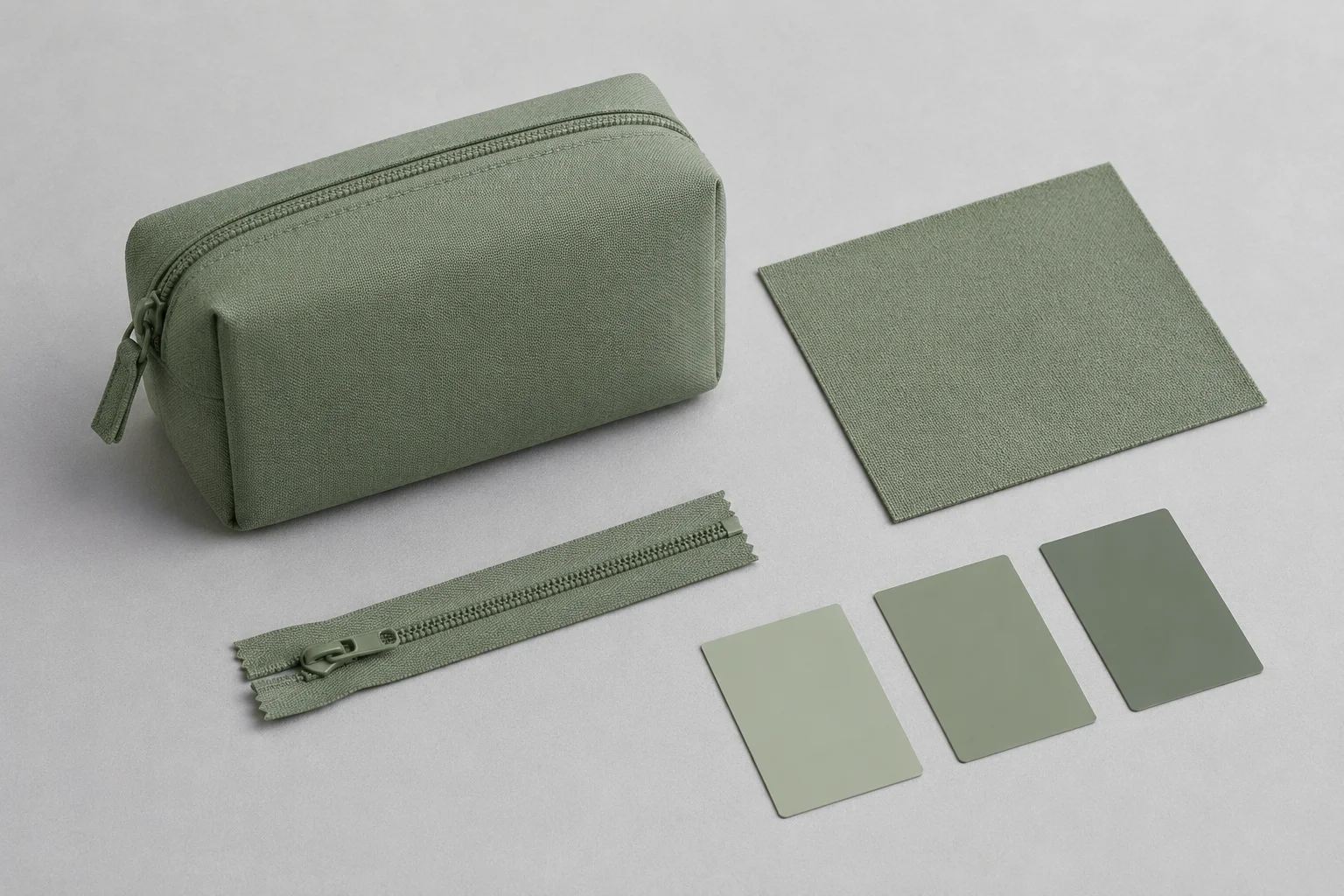 Sage-green travel pouch with a fabric sample, zipper and three muted green color swatches on a gray table