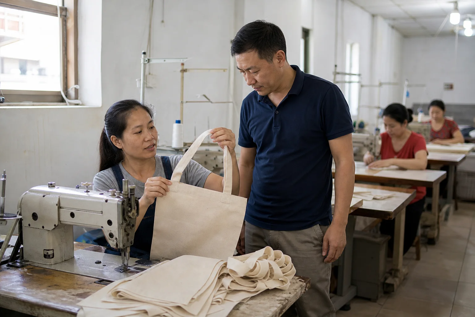 A sewing operator showing a canvas tote bag handle to a visitor beside a sewing machine