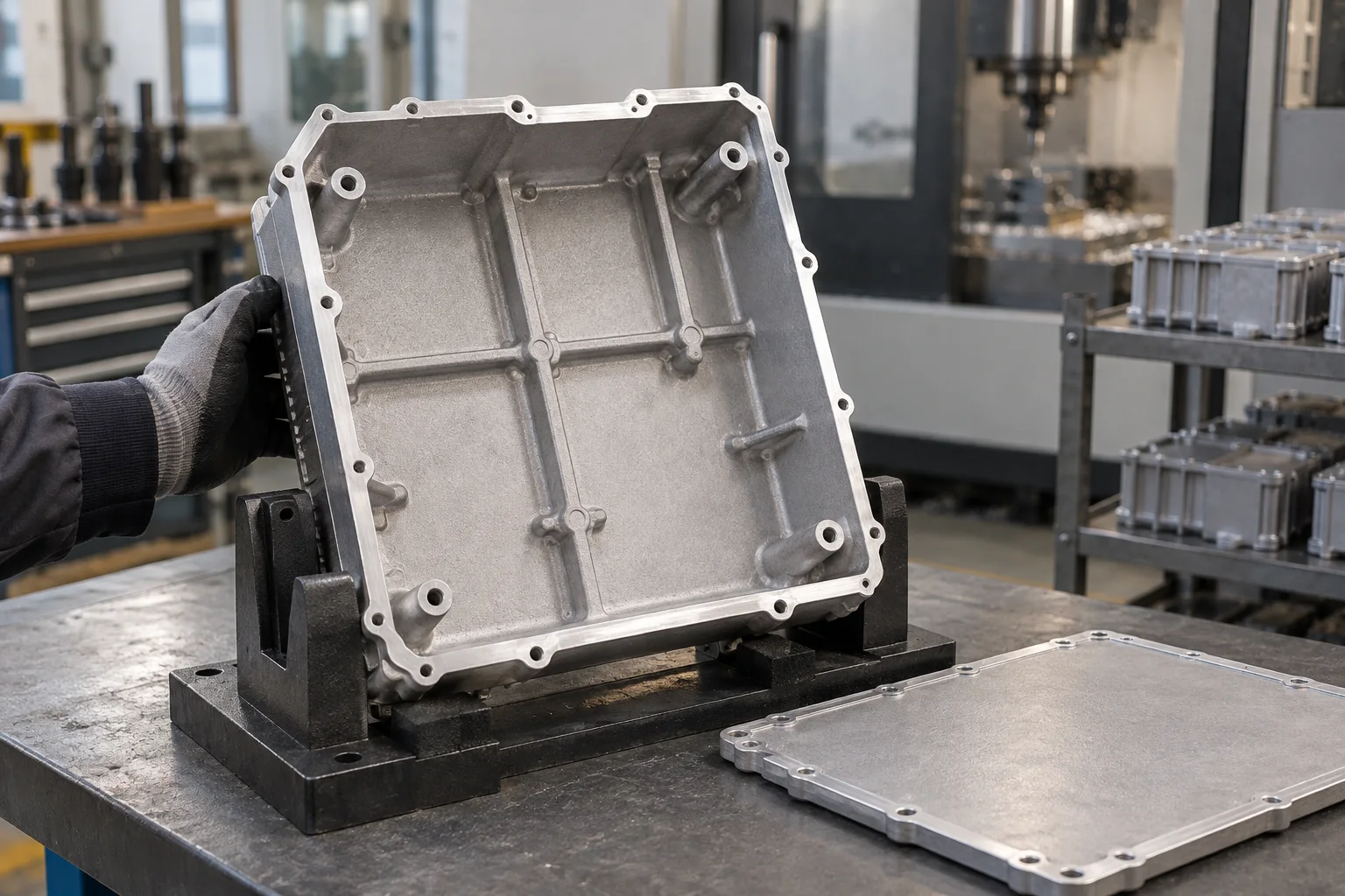An open metal housing with reinforcing ribs and mounting bosses in a component development workshop