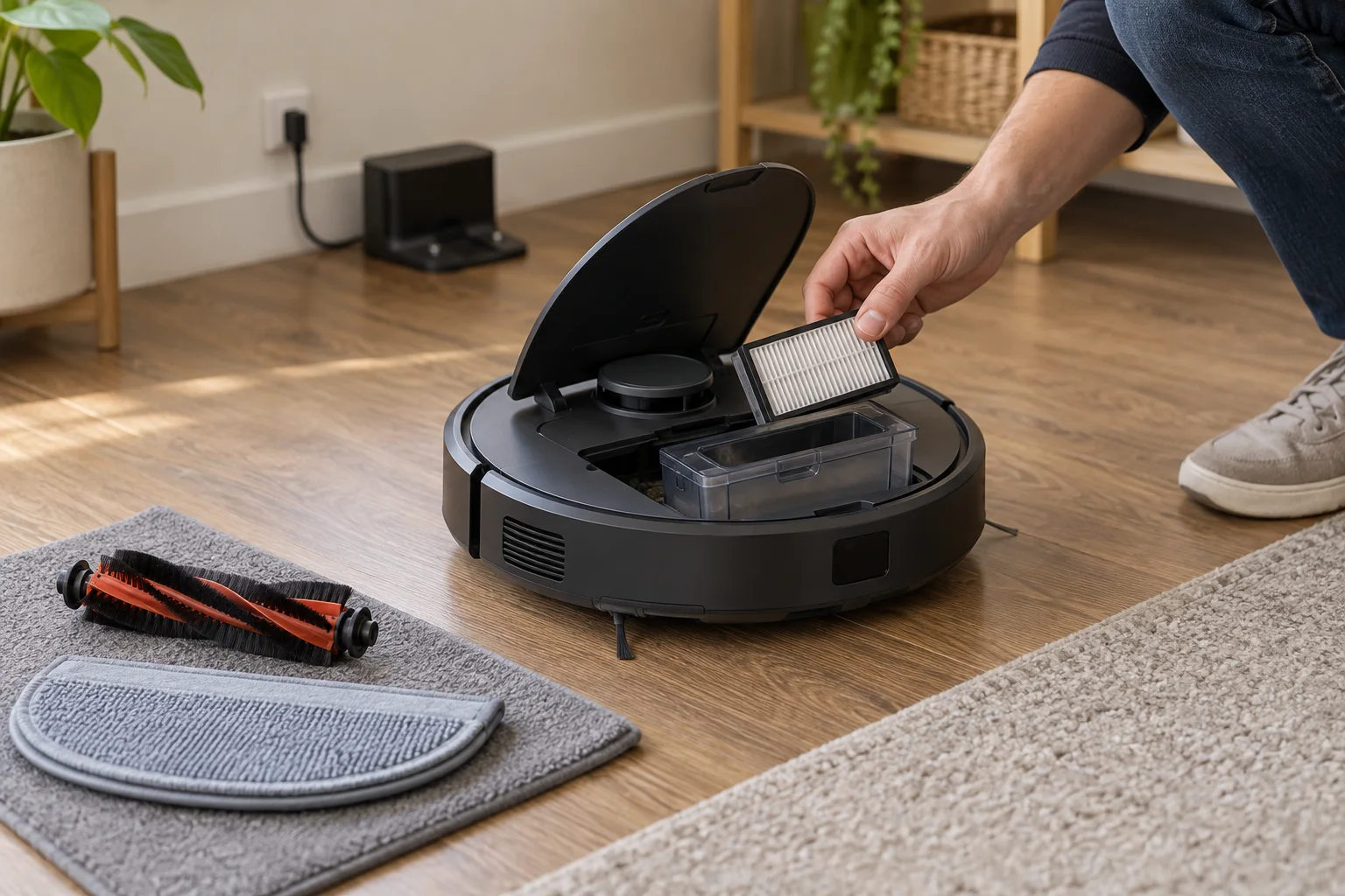 Un técnico comprueba un filtro junto al depósito abierto de un robot aspirador, con un cepillo y una mopa de recambio cerca