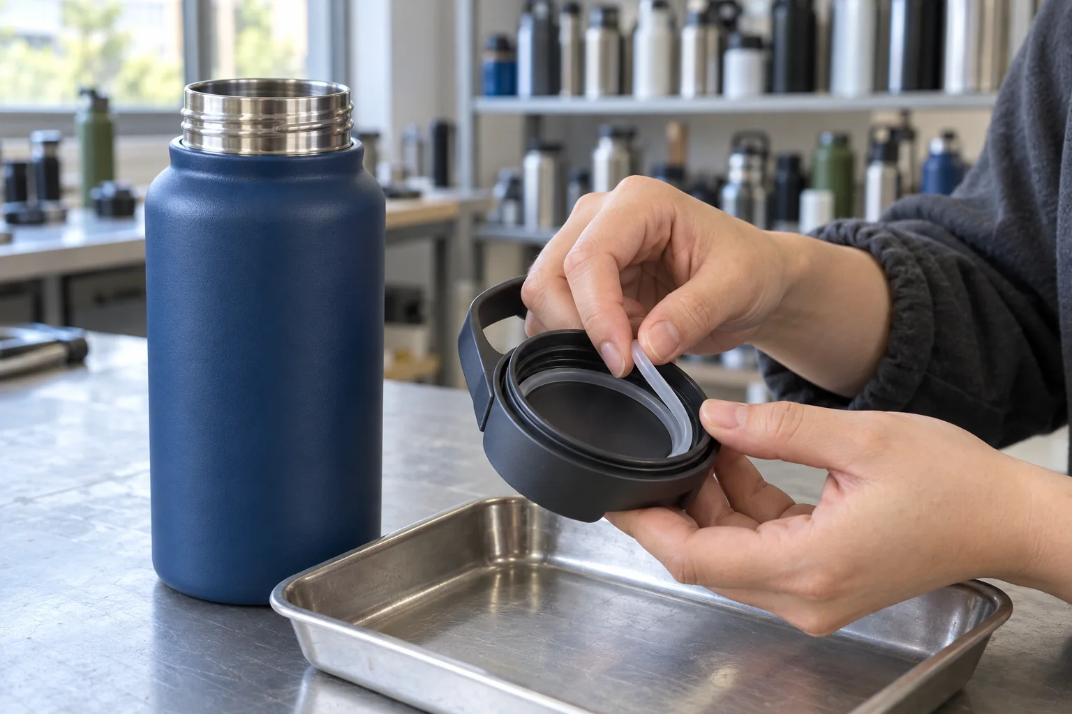 Des mains soulèvent un joint en silicone dans un bouchon démonté, à côté d’une bouteille isotherme bleue en acier inoxydable