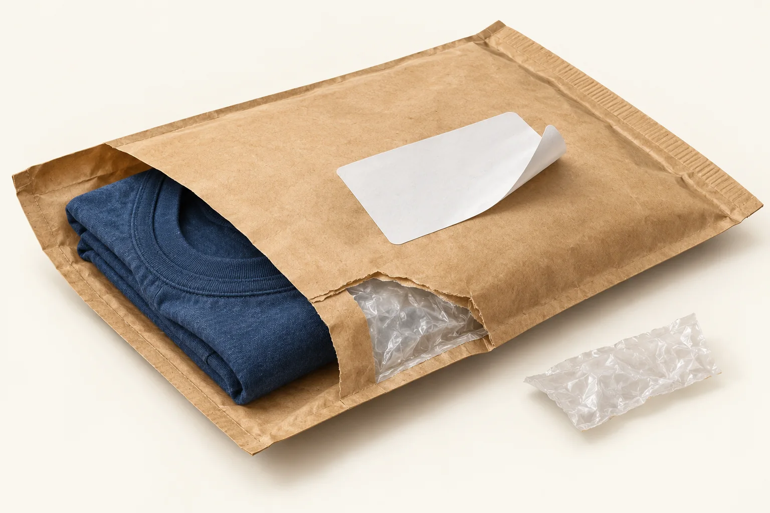 Schnittdarstellung einer Papier-Versandhülle mit Kunststoffpolster, teilweise abgezogenem Etikett und gefaltetem blauem Kleidungsstück