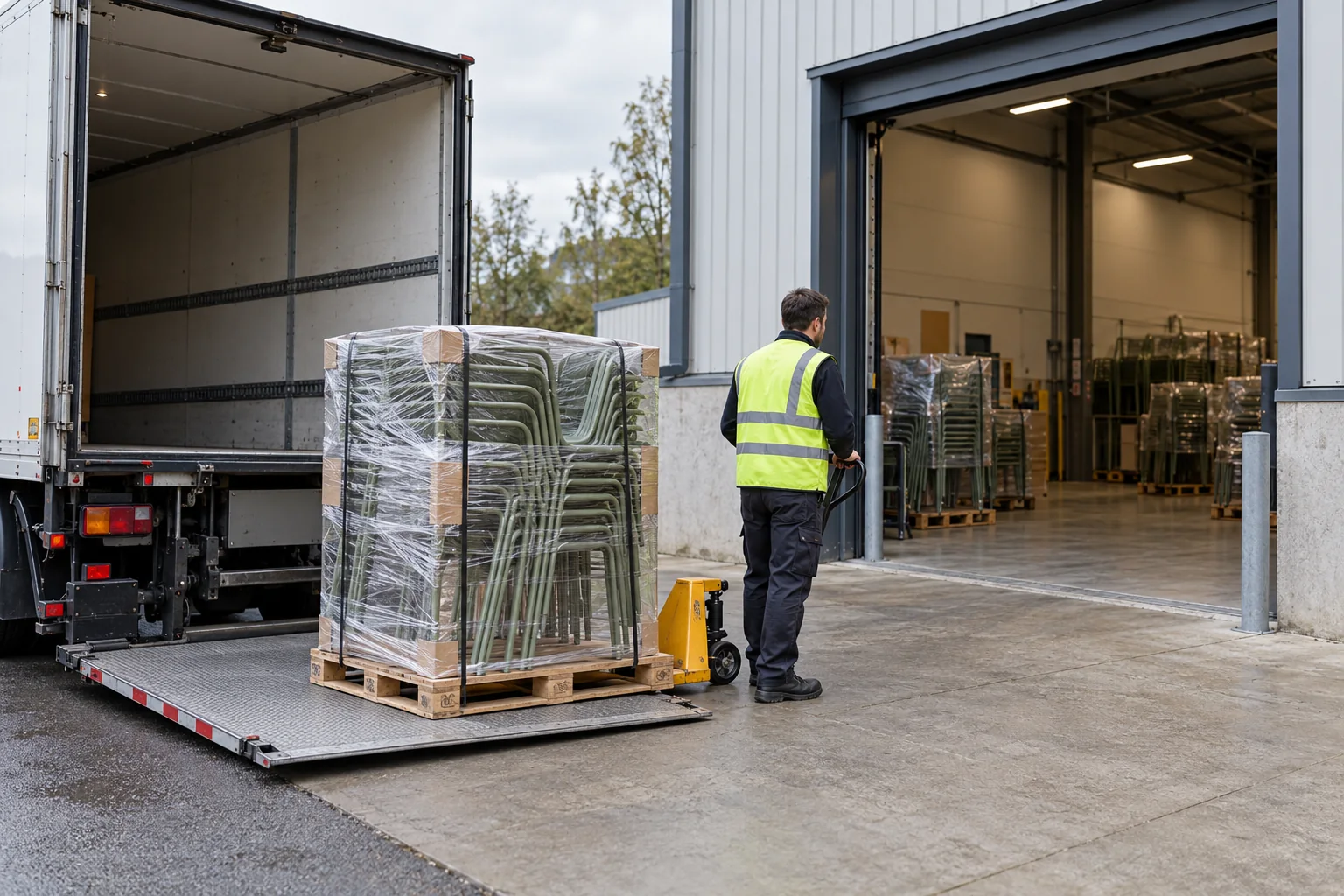 Chaises de jardin métalliques empilées et emballées sur le hayon d’un camion, près d’un opérateur et d’un transpalette devant un entrepôt