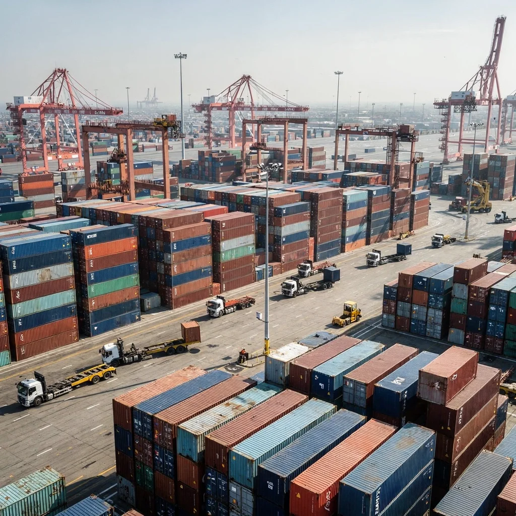 Vista a&eacute;rea de una terminal de contenedores con filas de contenedores apilados, gr&uacute;as p&oacute;rtico rojas y camiones de terminal movi&eacute;ndose entre ellos.