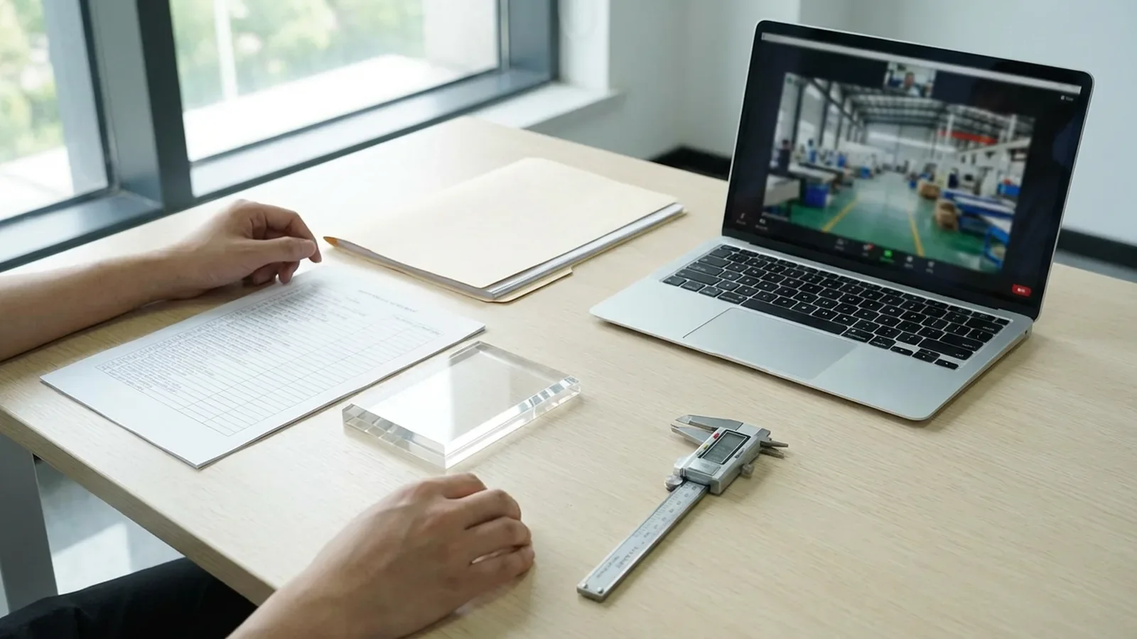 Un bureau avec un document tabulaire imprimé, un bloc-échantillon transparent, un pied à coulisseur numérique et un ordinateur portable affichant une usine.