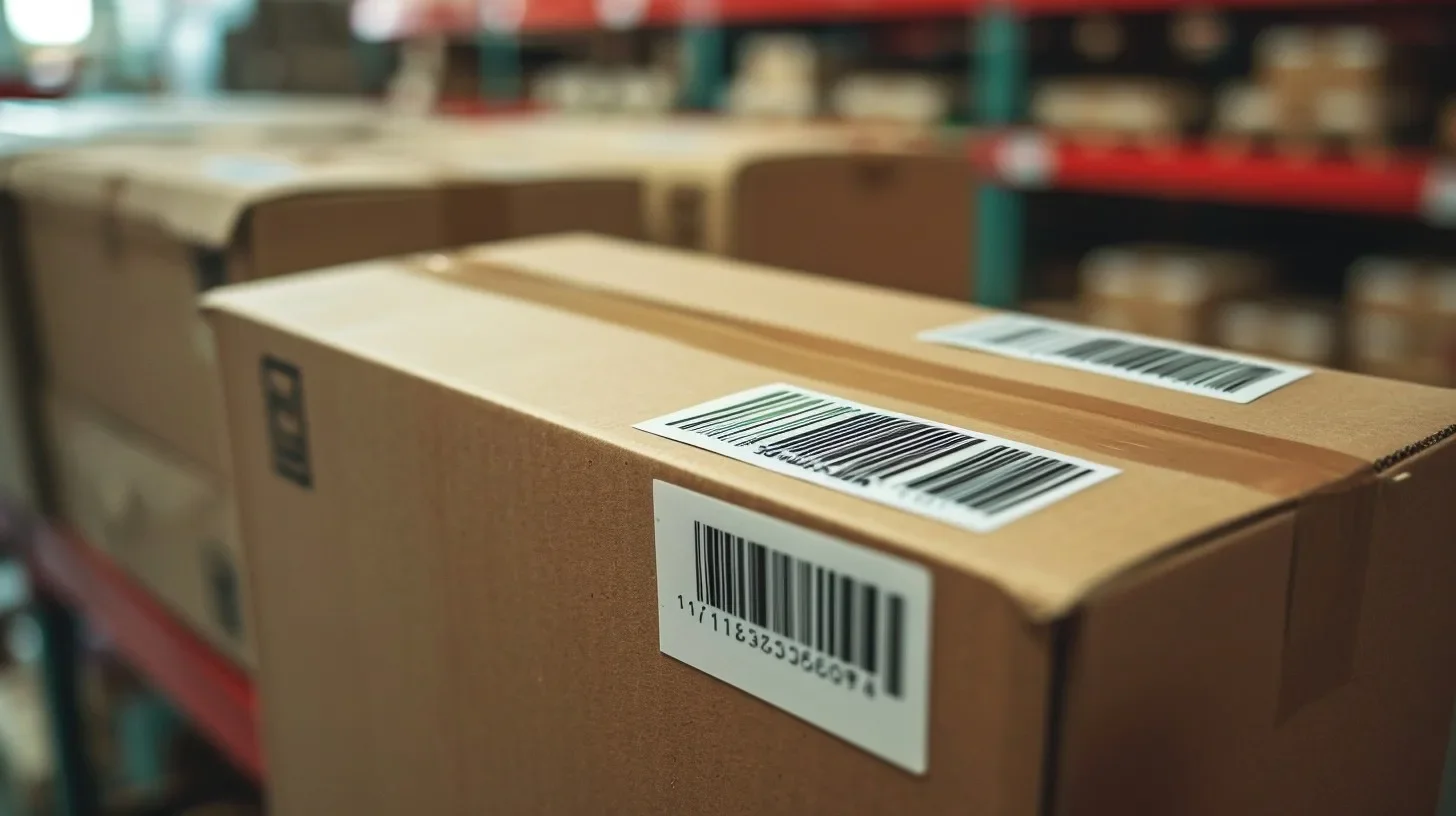 Nahaufnahme versiegelter Kartons mit aufgedruckten Barcode-Versandetiketten, im Hintergrund unscharfe Lagerregale.