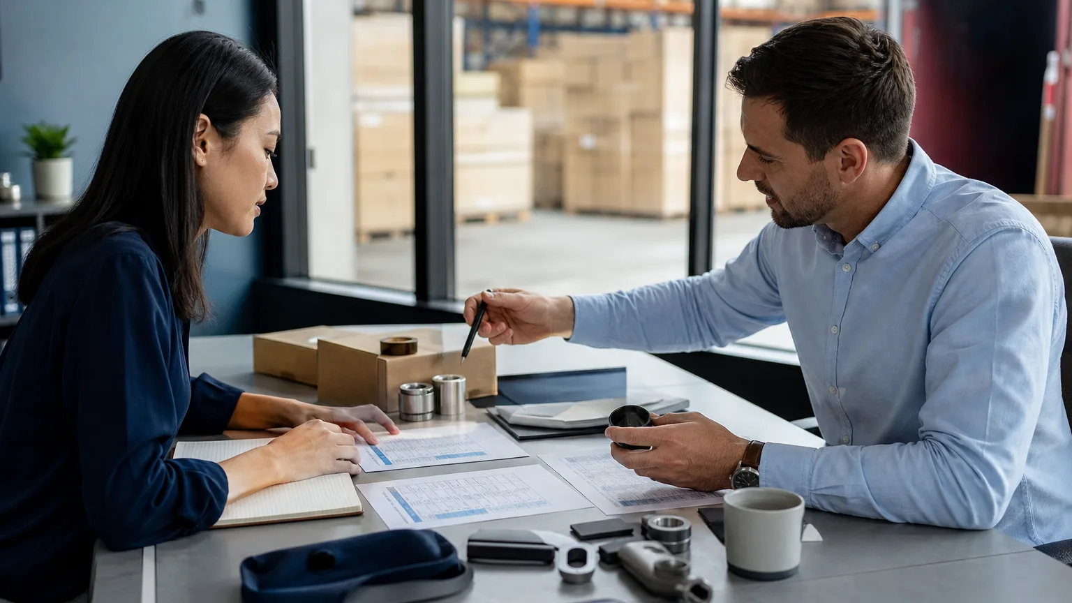 Business professional analyzing supplier quotation documents on a desk.