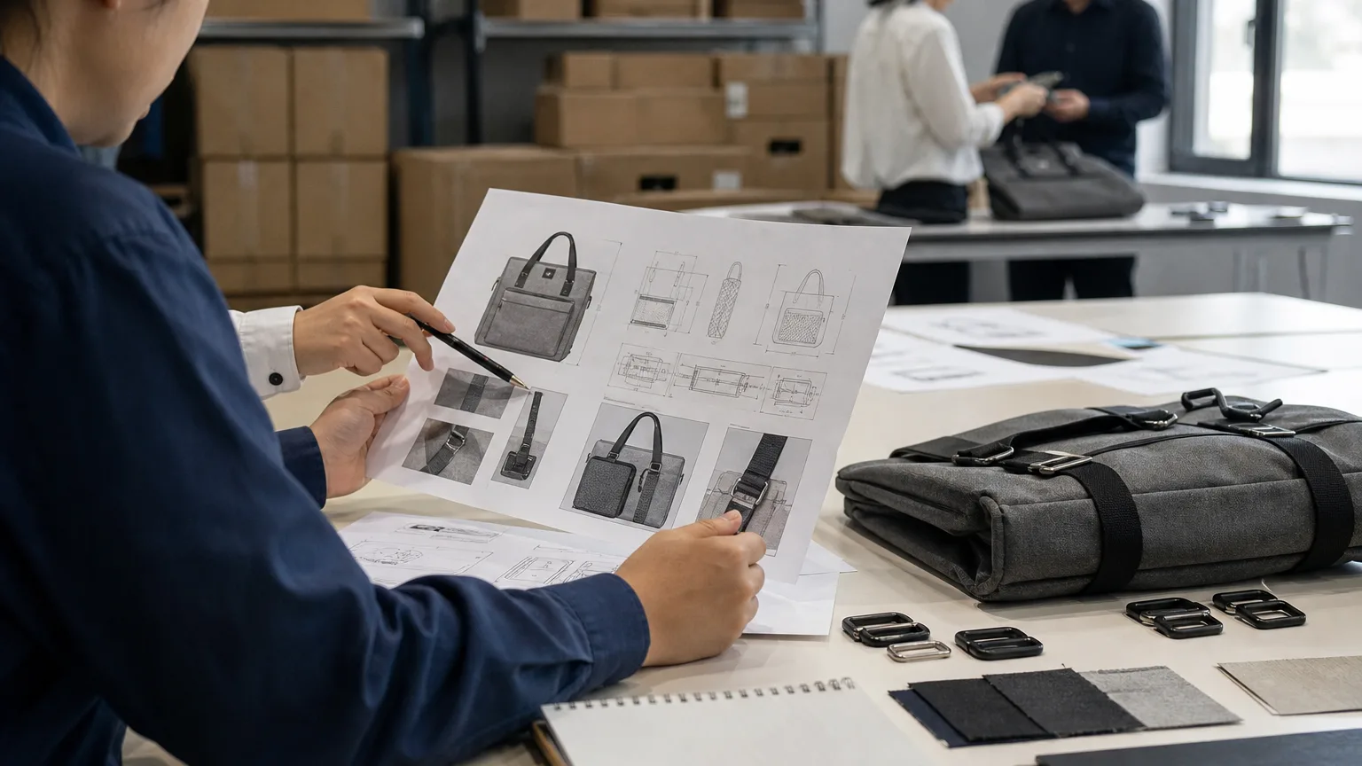 Hands reviewing a detailed product specification blueprint on a desk.
