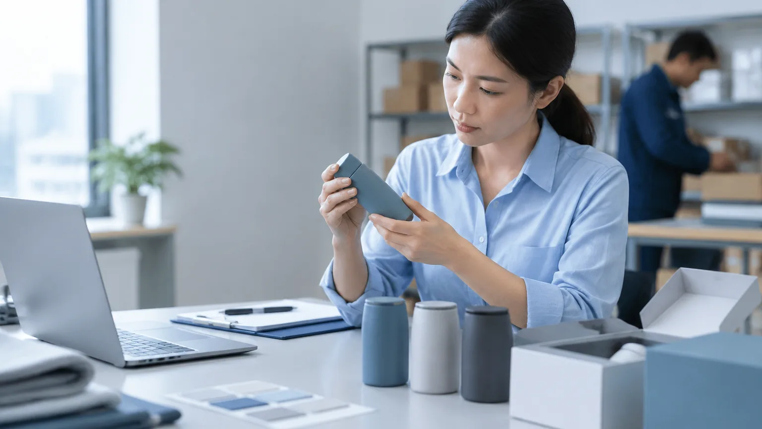 Hands inspecting a product sample on a desk with specifications.