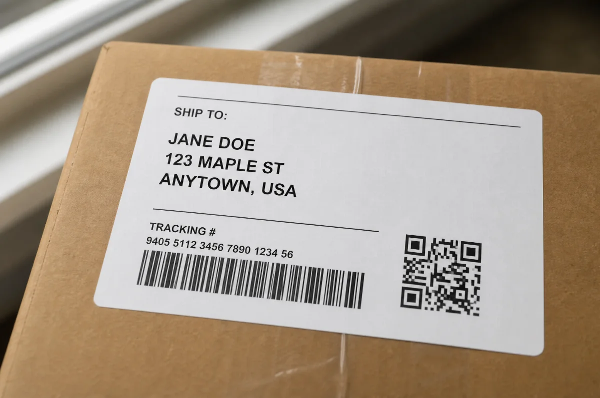 Nahaufnahme eines geschlossenen braunen Kartons aus Wellpappe mit gedrucktem Versandetikett, Barcode und QR-Code.