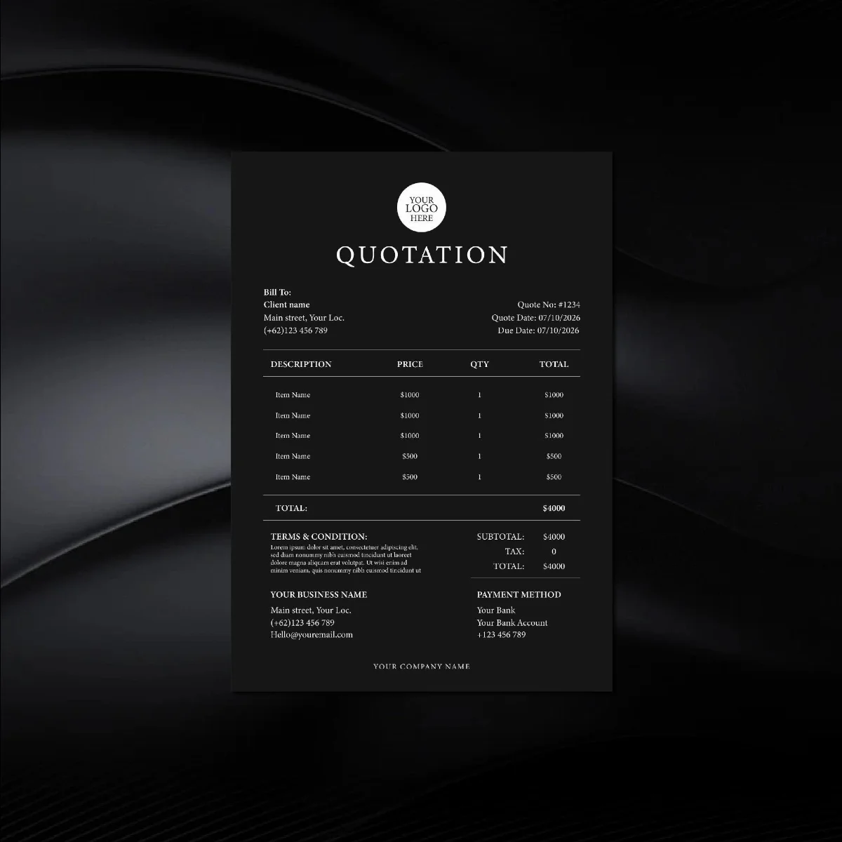 Un modèle de devis sombre avec un bloc facturé, un numéro de devis et une date, et un tableau listant plusieurs lignes avec colonnes description, prix, quantité et total, suivies des lignes sous-total, taxe et total.