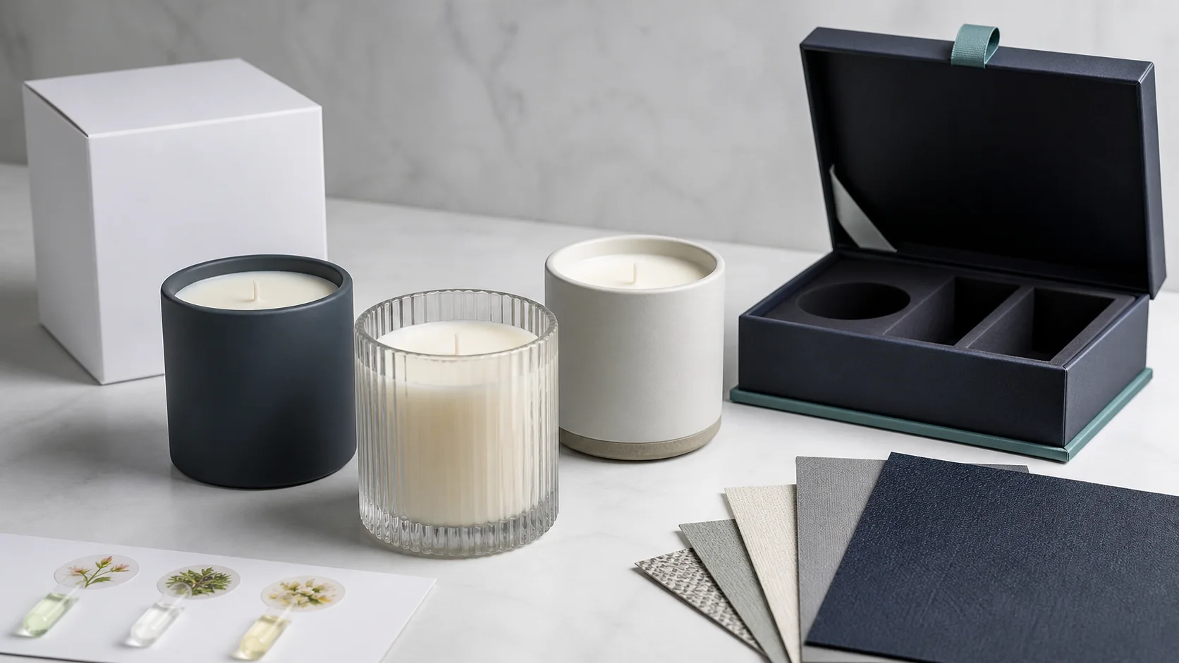 Unbranded scented candles shown with standard and custom packaging options
