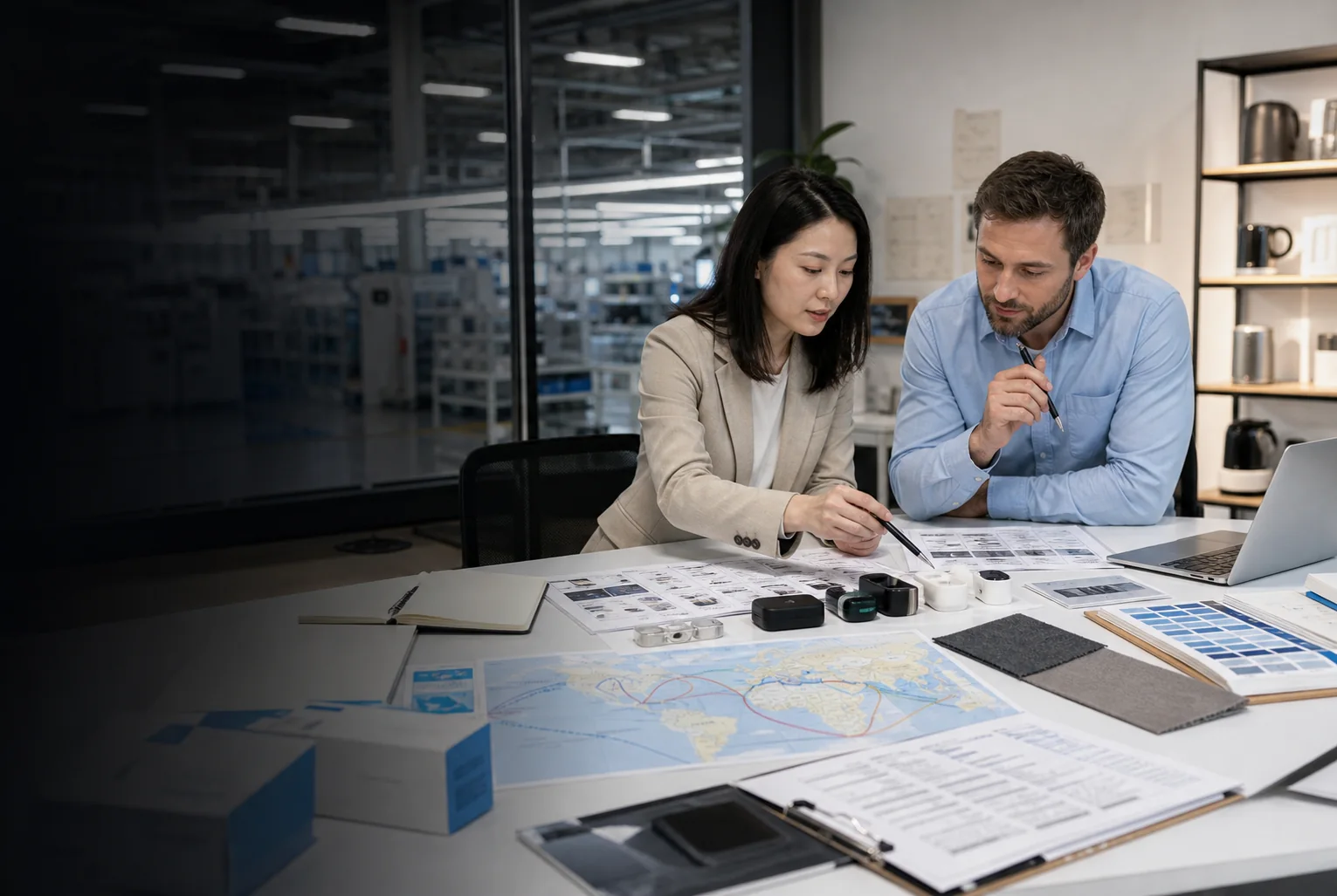 Sourcing specialists reviewing product samples, supplier research and shipping plans