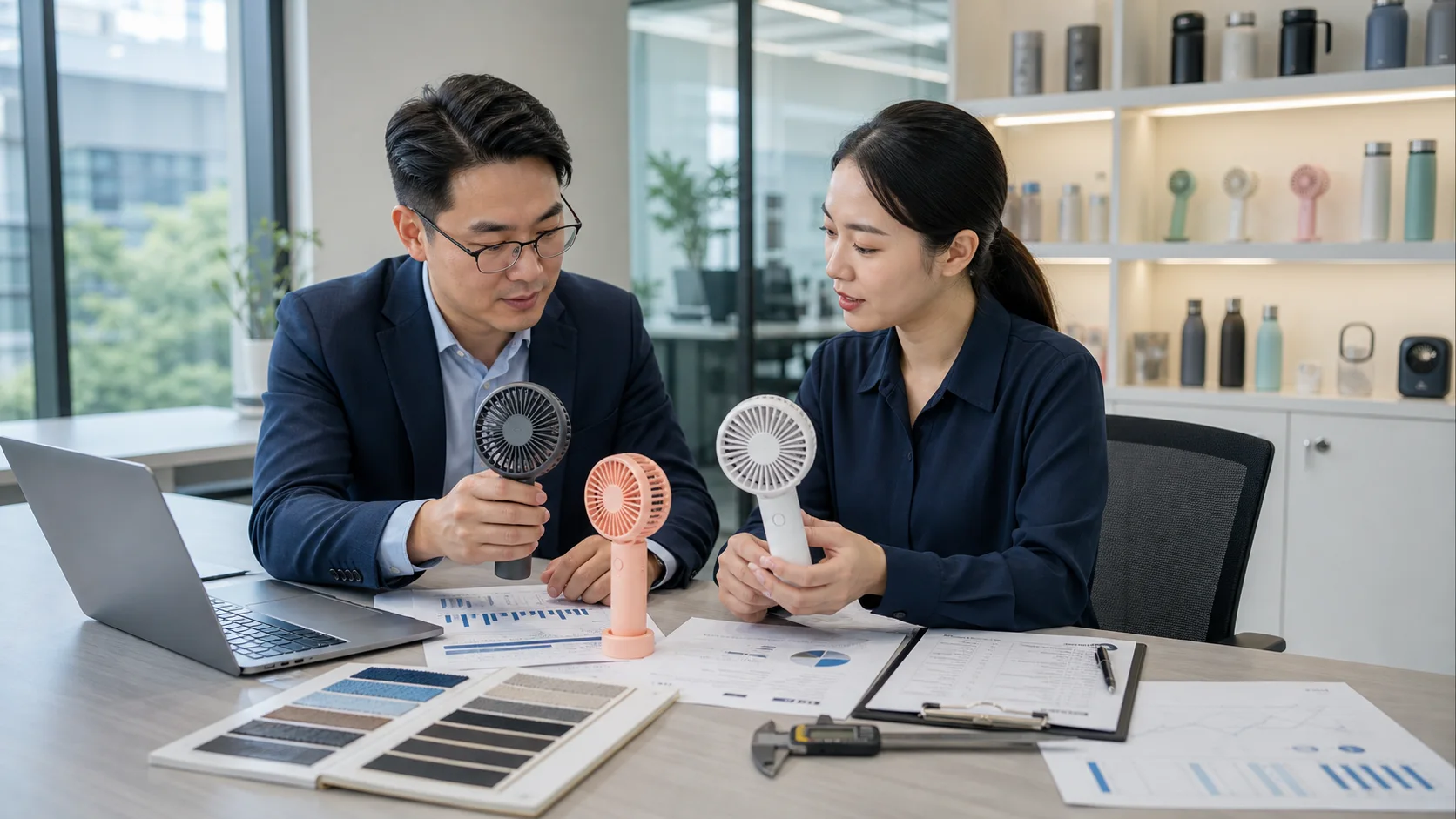 Sourcing specialists comparing product samples, materials and supplier quotations