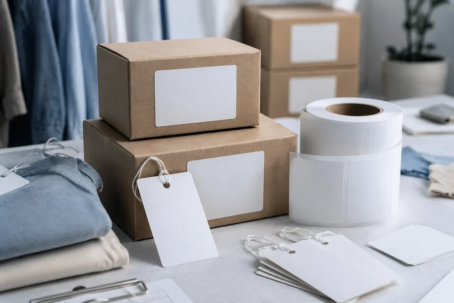 Kraft boxes, hang tags and label stickers ready for private label branding