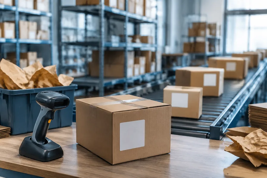 Worker scanning a parcel at an automated e-commerce packing station