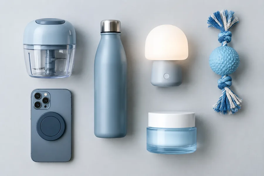 Flat lay of assorted consumer products from the Surmount catalog