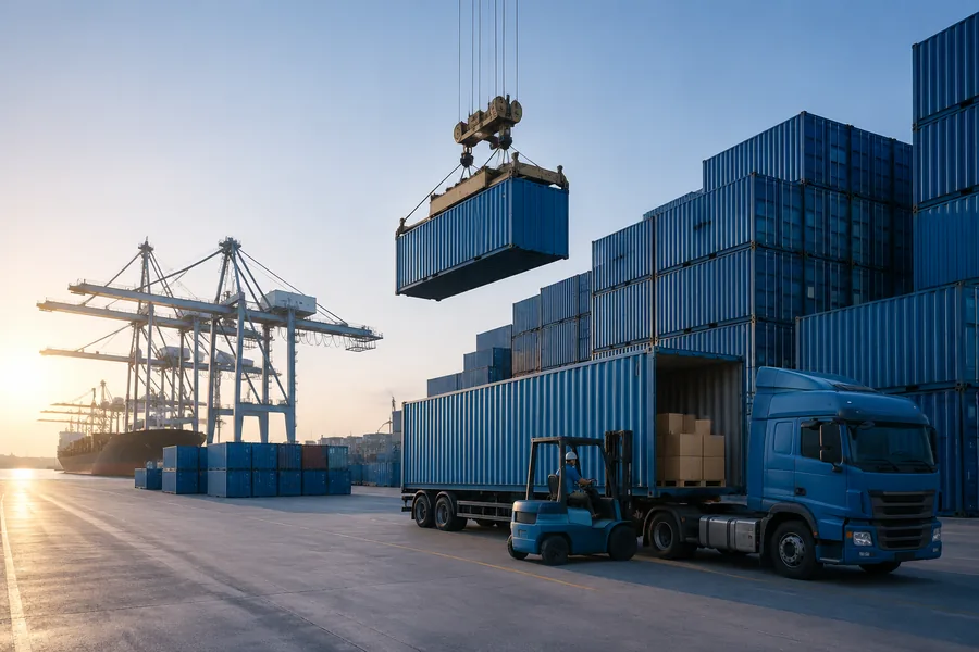 Container yard with truck being loaded at a port in morning light