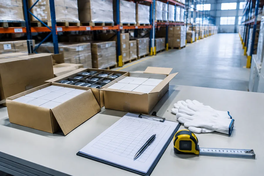 Inspector checking open cartons at a warehouse inspection table